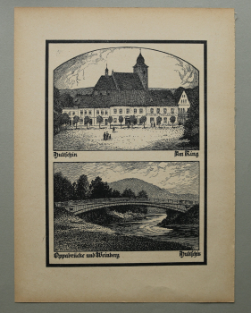 Kunst Druck / Wilhelm Thiele Potsdam / 1920er Jahre / Hultschin Hulcin / am Ring / Oppabrücke / Tschechien / wohl Holzschnitt